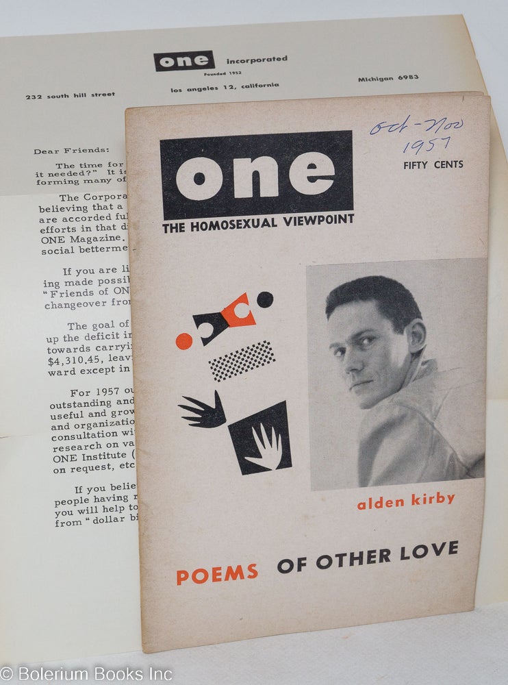 Cat.No: 183386 ONE Magazine: the homosexual viewpoint; vol. 5, #8, Oct.-Nov., 1957: Alden Kirby; poems of other love. Ann Carll Reid, Don Slater, Lyn Pedersen, Alden Kirby Shoji Umo.