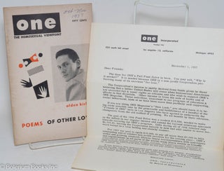 ONE Magazine: the homosexual viewpoint; vol. 5, #8, Oct.-Nov., 1957: Alden Kirby; poems of other love