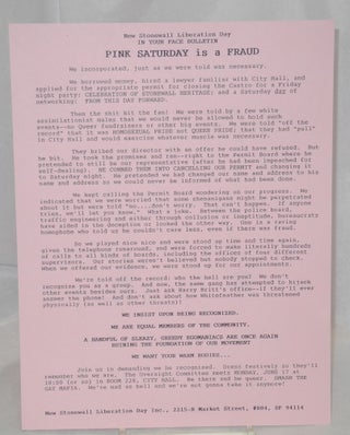 Cat.No: 183651 In Your Face Bulletin: Pink Saturday is a Fraud [handbill]. New Stonewall...