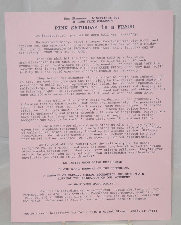 Cat.No: 183651 In Your Face Bulletin: Pink Saturday is a Fraud [handbill]. New Stonewall Liberation Day.