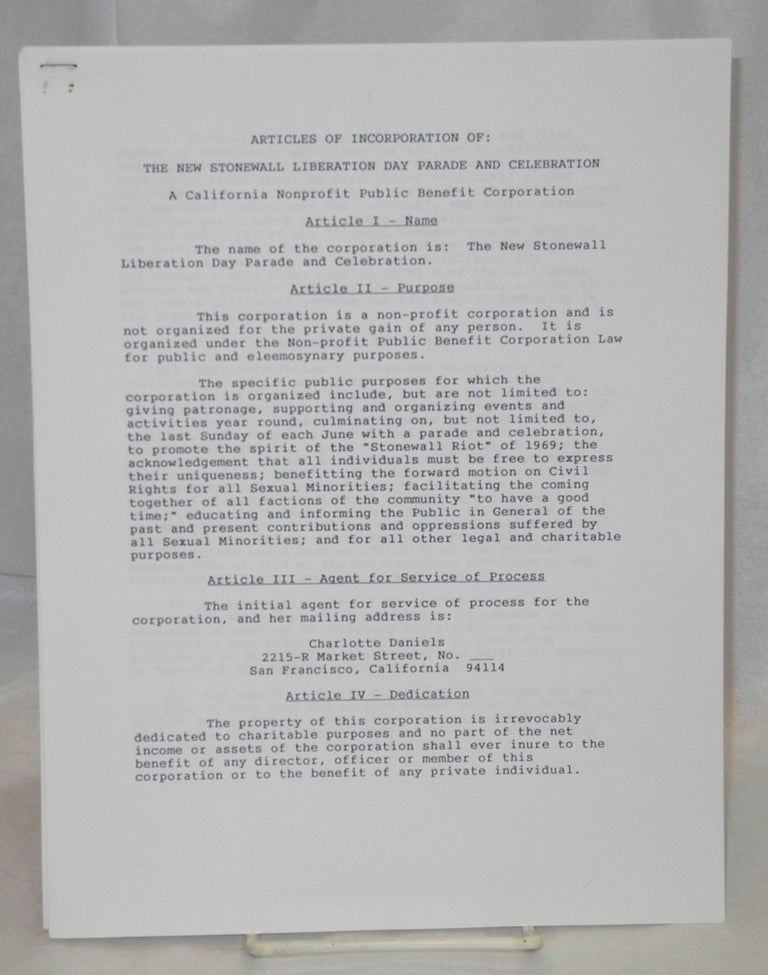 Cat.No: 183654 Articles of Incorporation, promotional letter for the 1992 parade, and a related leaflet: [three items]. New Stonewall Liberation Day.