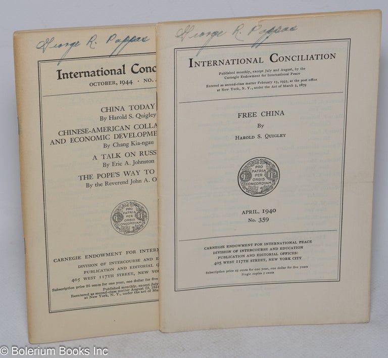 Cat.No: 184174 [Two issues of International Conciliation with articles about China]. Harold Quigley.