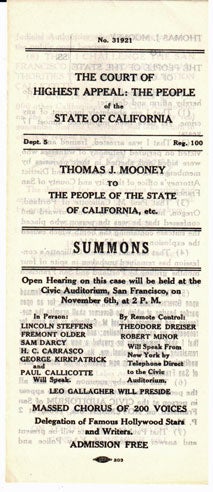 Cat.No: 184476 The court of highest appeal: the People of the State of California. Thomas J. Mooney to the People of the State of California, etc.: SUMMONS. Tom Mooney.