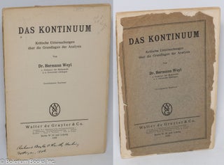 Cat.No: 184658 Das Kontinuum; Kritische Untersuchungen uber die Grundlagen der Analysis....