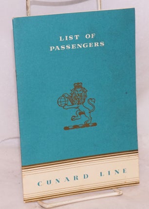 Cat.No: 185958 List of Passengers, R.M.S. Queen Elizabeth; Tourist Class, from New York...