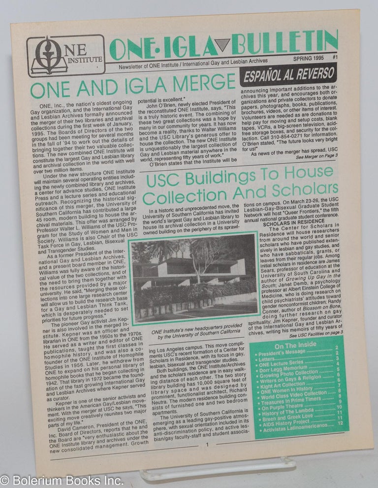 Cat.No: 186035 ONE IGLA Bulletin: newsletter of the ONE Institute/International Gay and Lesbian Archives #1, Spring 1995. Ernie Potvin, Pat Rocco W. Dorr Legg, Jim Kepner.