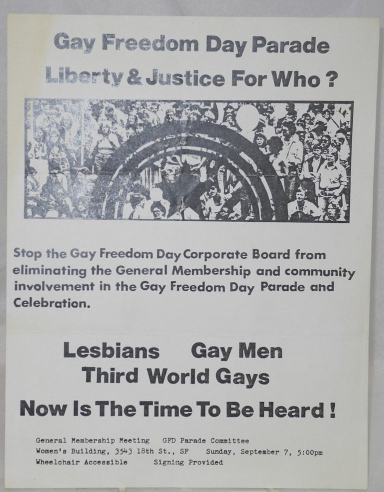 Cat.No: 186834 Gay Freedom Day Parade: Liberty and justice for who? [handbill]