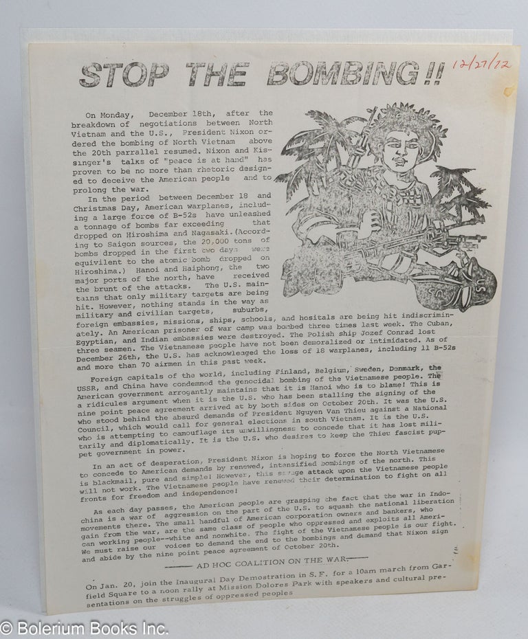 Cat.No: 187052 Stop the bombing!! [handbill]. Ad Hoc Coalition on the War.