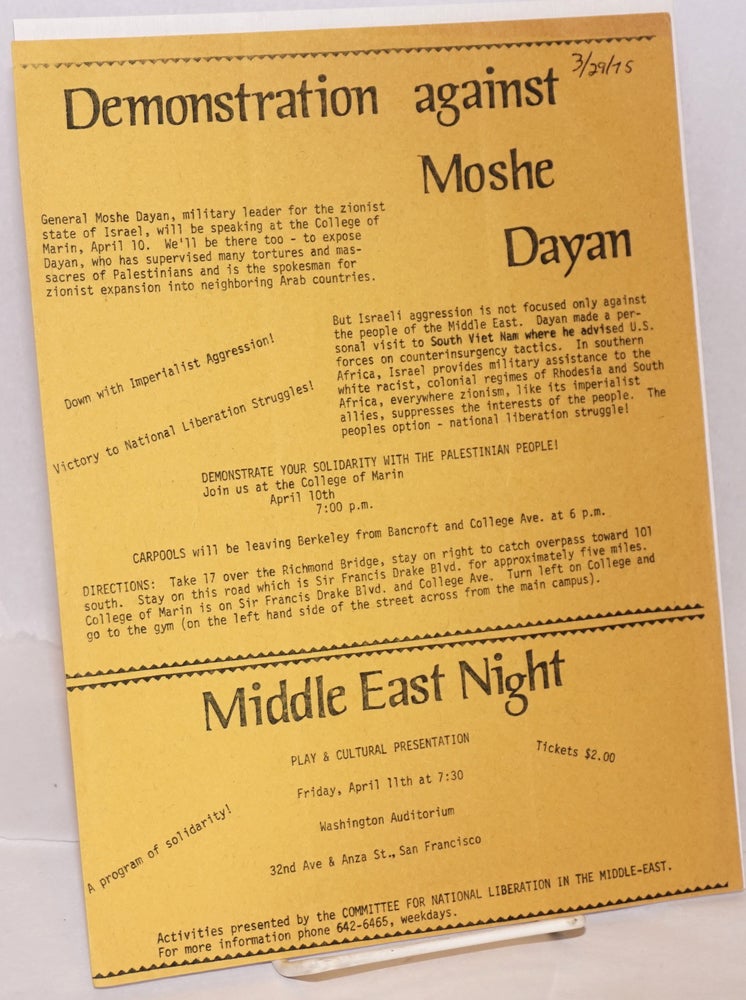 Cat.No: 187361 Demonstration against Moshe Dayan [handbill]. Committee for National Liberation in the Middle East.