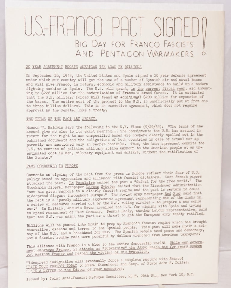 Cat.No: 187394 US-Franco pact signed! Big day for Franco fascists and Pentagon warmakers [handbill]