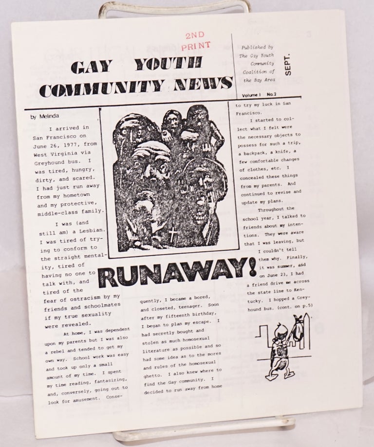 Cat.No: 188167 Gay Youth Community News: vol. 1, no. 2, Sept. 1979: Runaway! Melinda.