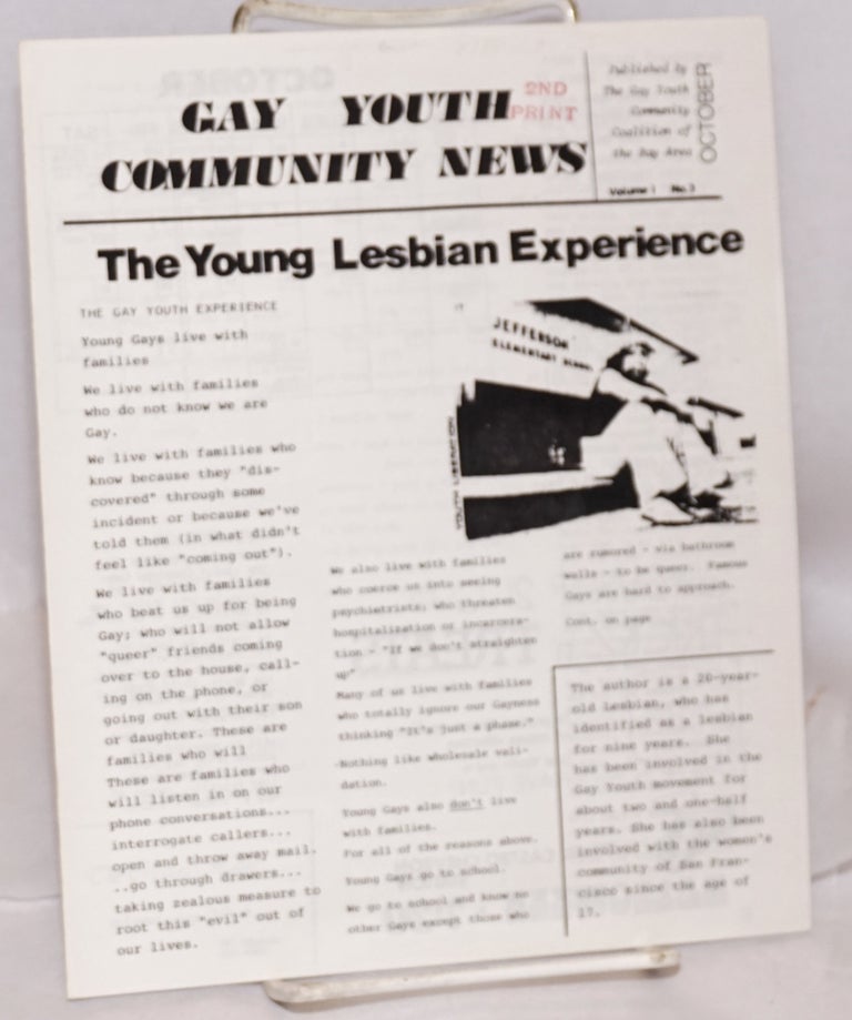 Cat.No: 188168 Gay Youth Community News: vol. 1, #3, October. 1979: The Young Lesbian Experience. Mitzi Simmons.