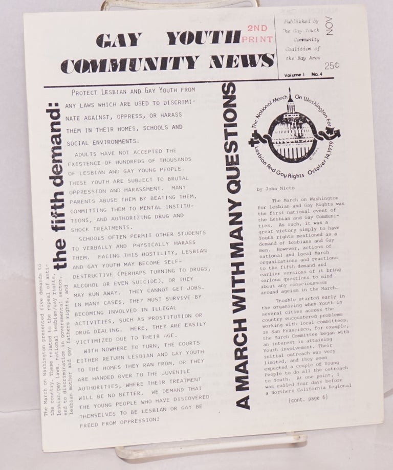 Cat.No: 188169 Gay Youth Community News: vol. 1, #4, Nov. 1979: a March with many questions. Mitzi Simmons.