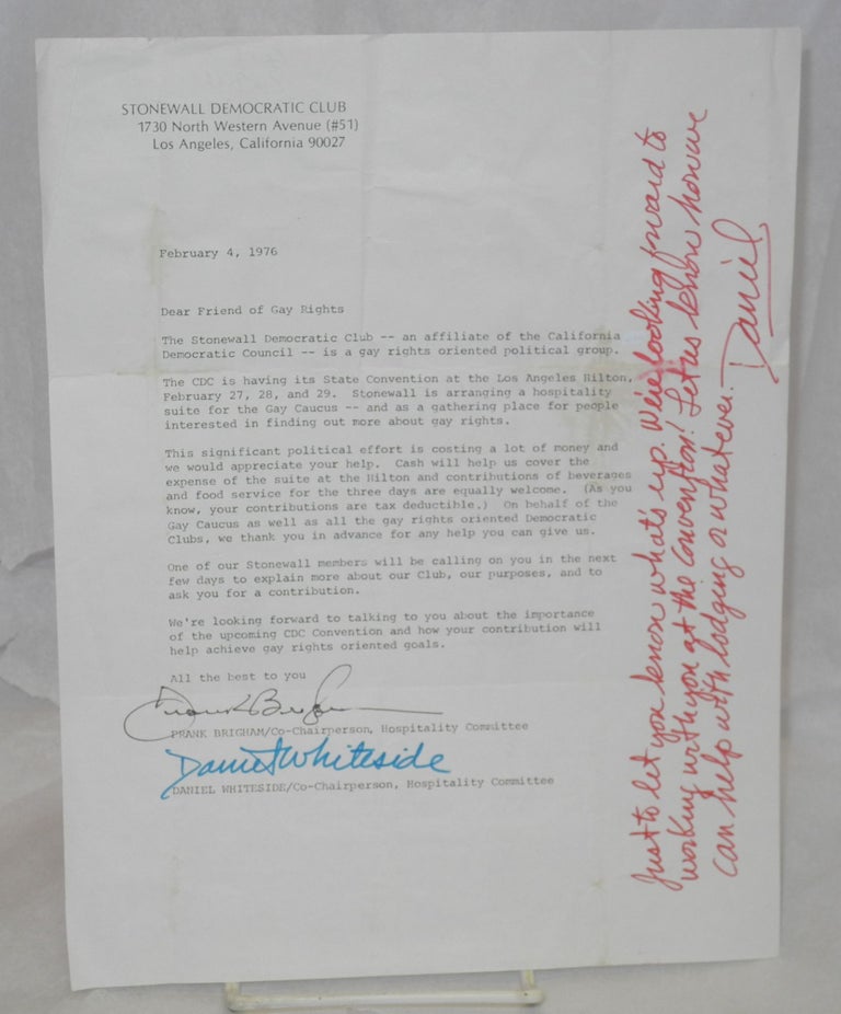 Cat.No: 189011 Form letter concerning attendance and fundraising for the CDC Convention; February 4, 1976 [letter]. Los Angeles Stonewall Democratic Club.
