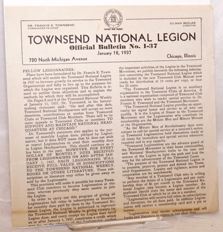 Cat.No: 190012 Townsend National Legion, official bulletin no. 1-37, January 18, 1937. Gilman Beeler.