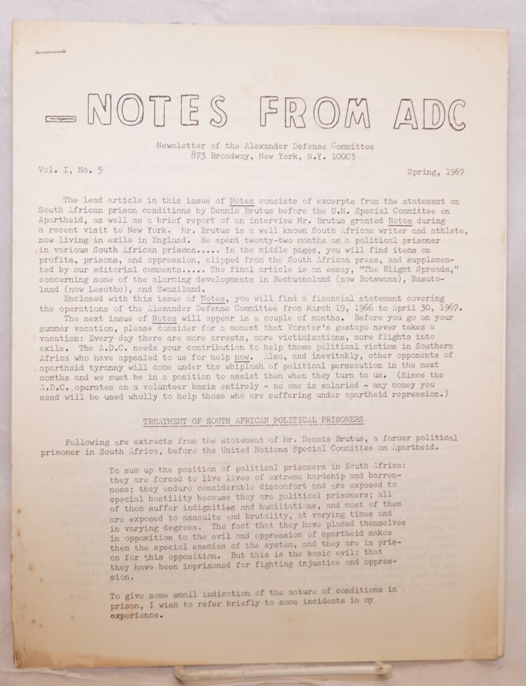 Cat.No: 190344 Notes from ADC: Newsletter of the Alexander Defense Committee. Vol. 1 no. 5 (Spring 1967). Alexander Defense Committee.