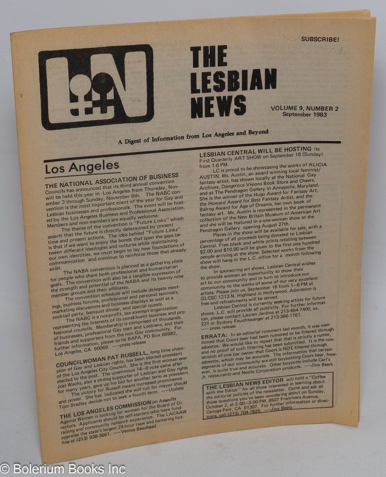 Cat.No: 191504 The Lesbian News: a digest of information from Los Angeles and beyond, vol. 9, #2, September 1983. Jinx Beers, Sandy Kennedy Buffie Bolles.