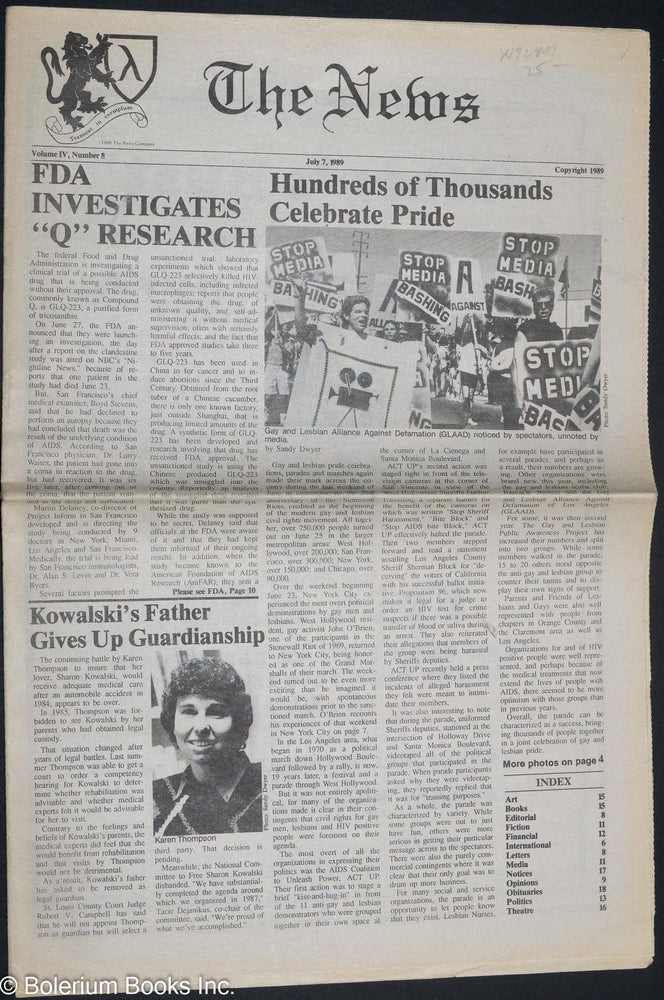 Cat.No: 192409 The News: vol. 4, #8, July 7, 1989; Hundreds of Thousands Celebrate Pride. Aslan Brooke, Sandy Dwyer.