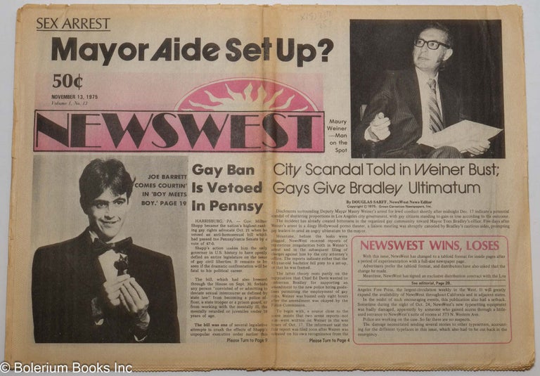 Cat.No: 193257 NewsWest: a weekly newspaper for Southern California's Gay Community and its friends; #13, November 13, 1975. Rob Cole, Pat Rocco.