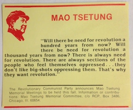 Cat.No: 193984 [Card announcing Mao Tsetung Memorial Meetings]. Revolutionary Communist Party.