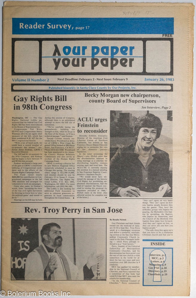 Cat.No: 194137 Our Paper, Your Paper; the gay family paper of the Santa Clara Valley; vol. 2, #2, January 26, 1983. Rosalie Nichols.