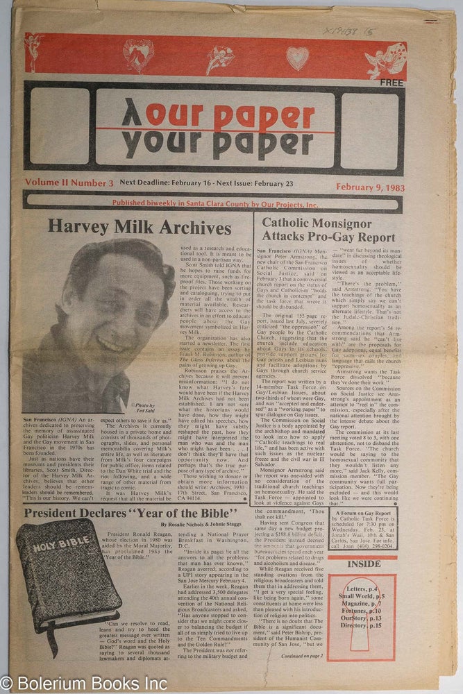 Cat.No: 194138 Our Paper, Your Paper; the gay family paper of the Santa Clara Valley; vol. 2, #3, February 9, 1983: Harvey Milk Archives. Rosalie Nichols, Lindsay Taylor Harvey Milk, Dan Gatewood.