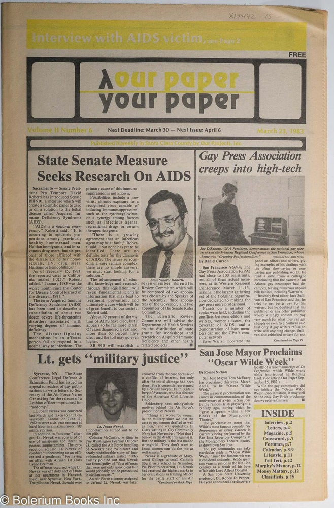 Cat.No: 194142 Our Paper, Your Paper; the gay family paper of the Santa Clara Valley; vol. 2, #6, March 23, 1983. Rosalie Nichols.