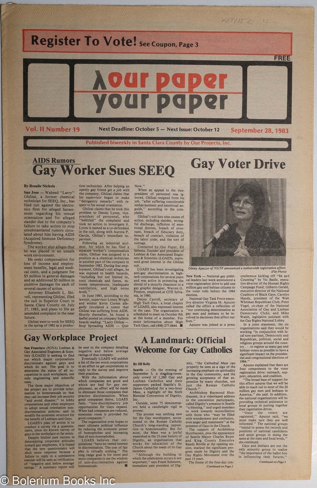 Cat.No: 194152 Our Paper, Your Paper; the gay family paper of the Santa Clara Valley; vol. 2, #19, September 28, 1983. Rosalie Nichols.