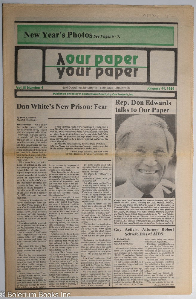 Cat.No: 194302 Our Paper, Your Paper; the gay family paper of the Santa Clara Valley; vol. 3, #1, January 11, 1984. Rosalie Nichols.