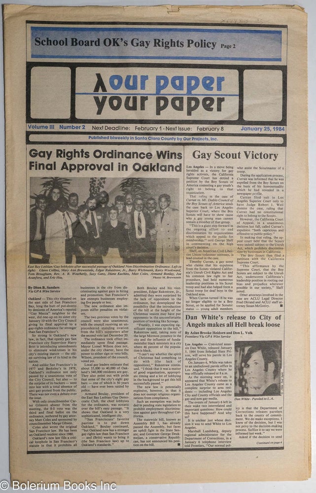Cat.No: 194303 Our Paper, Your Paper; the gay family paper of the Santa Clara Valley; vol. 3, #2, January 25, 1984. Rosalie Nichols.
