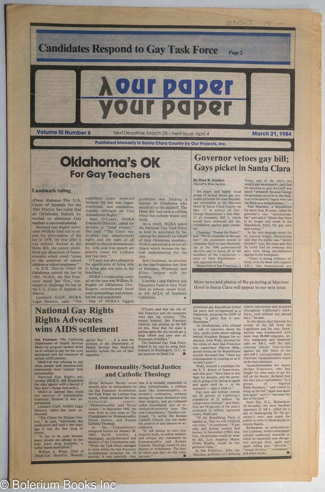 Cat.No: 194307 Our Paper, Your Paper; the gay family paper of the Santa Clara Valley; vol. 3, #6, March 21, 1984. Rosalie Nichols.