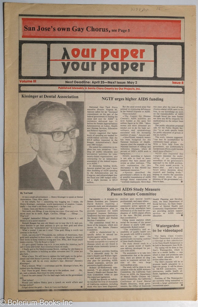 Cat.No: 194308 Our Paper, Your Paper; the gay family paper of the Santa Clara Valley; vol. 3, #8, April 18, 1984. Rosalie Nichols.