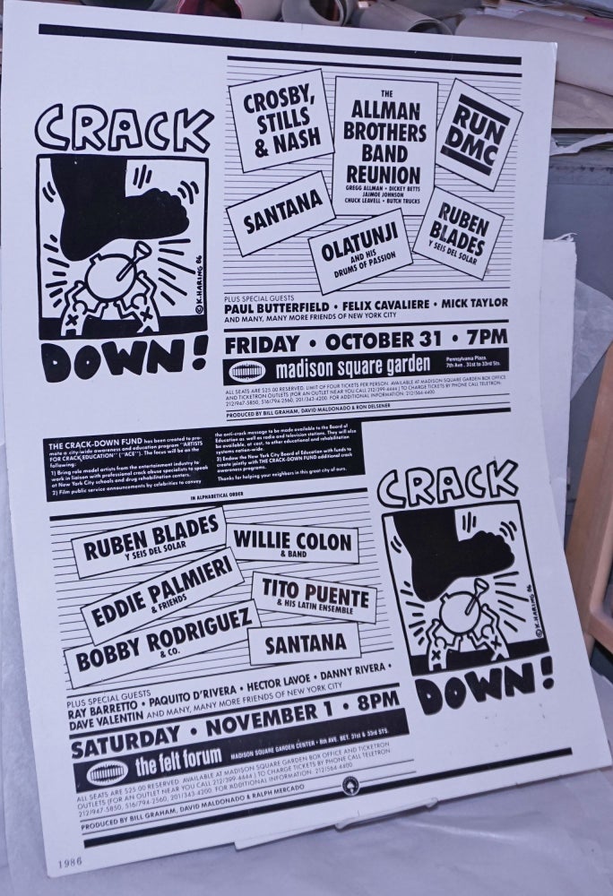 Cat.No: 194895 Crack Down! [poster for events featuring RUN DMC, Santana, Tito Puente, Crosby Stills and Nash, Allman Brothers and others to raise funds for crack education]. Keith Haring.