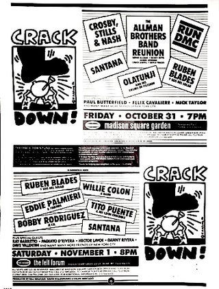 Crack Down! [poster for events featuring RUN DMC, Santana, Tito Puente, Crosby Stills and Nash, Allman Brothers and others to raise funds for crack education]