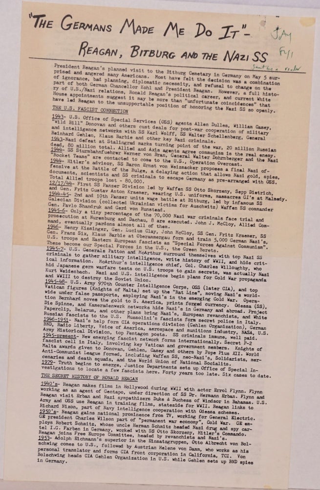 Cat.No: 195118 'The Germans made me do it' - Reagan, Bitburg and the Nazi SS [handbill]. John Judge.