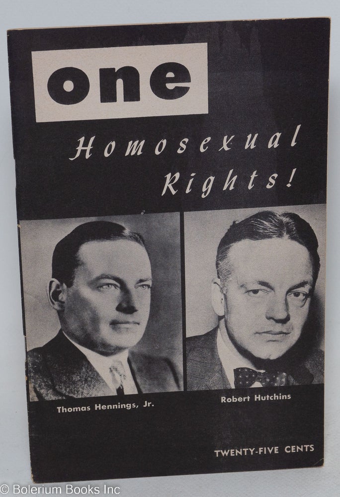 Cat.No: 196670 ONE; the homosexual magazine vol. 4, #1, January 1956; Homosexual rights! Ann Carll Reid, Donald Webster Cory, Lyn Pedersen, Robert Hutchins Thomas Hennings Jr., Gabrielle Ganelle, Dal McIntire.