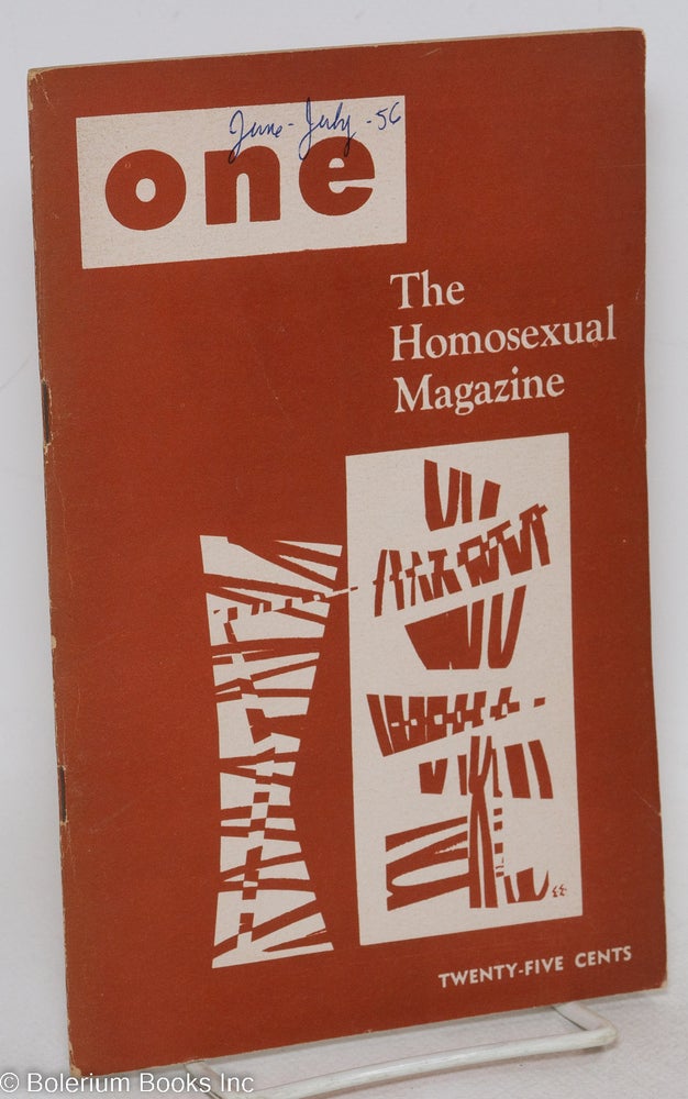 Cat.No: 196684 ONE; the homosexual magazine vol. 4, #5, June-July 1956. Ann Carll Reid, Don Williams, Lyn Pedersen, Harry Otis Dal McIntire, Benvenuto Cellini.