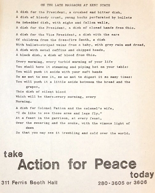 Cat.No: 196800 On the late massacre at Kent State [poetry handbill]. Action for Peace.