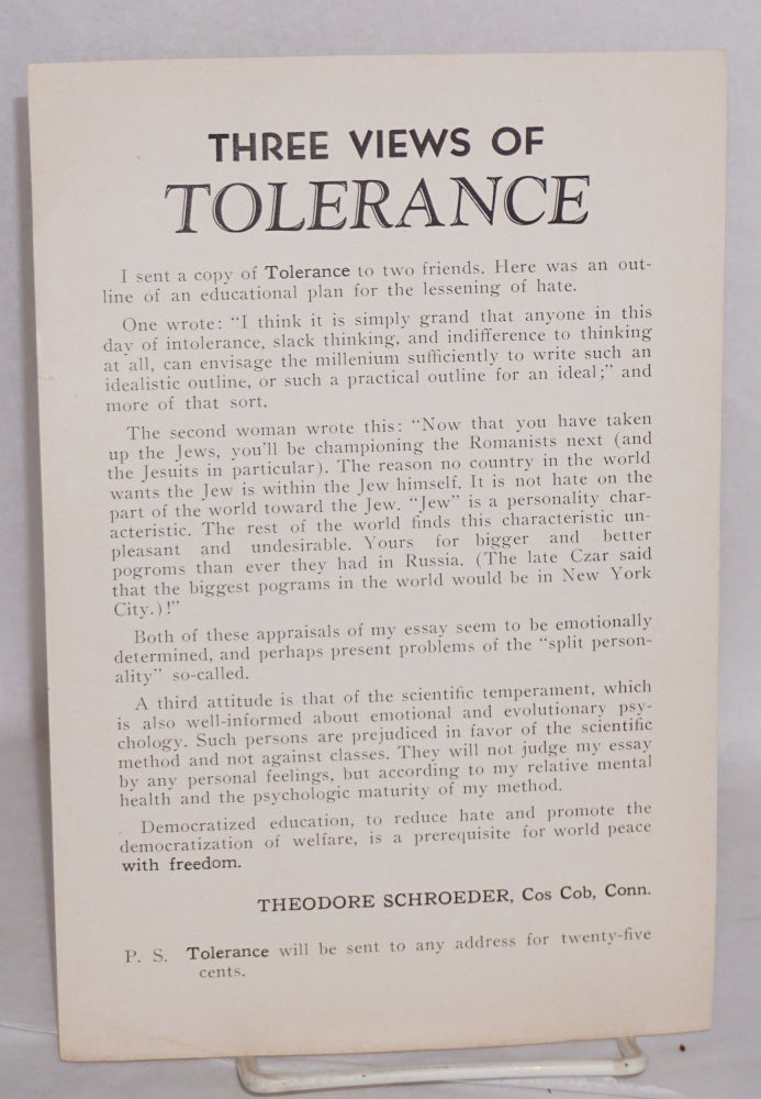 Cat.No: 197691 Three views of Tolerance. Theodore Schroeder.
