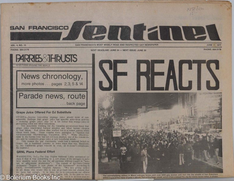 Cat.No: 198026 San Francisco Sentinel: vol. 4, #13, June 17, 1977; SF Reacts. Charles Lee Morris.