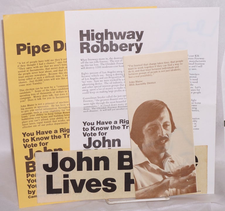 Cat.No: 201239 [Four items from the 1971 assembly campaign]. John Blaine, Peace and Freedom Party, Peace, Freedom Party.