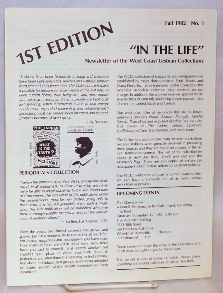 Cat.No: 201442 In the Life: newsletter of the West Coast Lesbian Collections; #1, Fall 1982: 1st edition