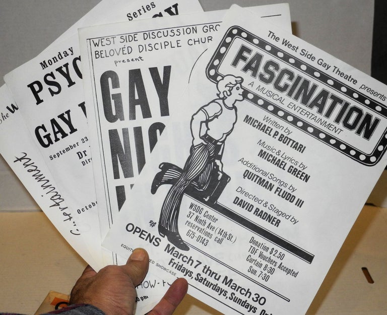 Cat.No: 201802 Four handbills for productions at the West Side Center: Fascination, a musical entertainment, Gay nights in Venice, Psychology and the gay individual lecture, & the Annual Gaylord Awards dinner. The West Side Gay Theatre, West Side Discussion Group.