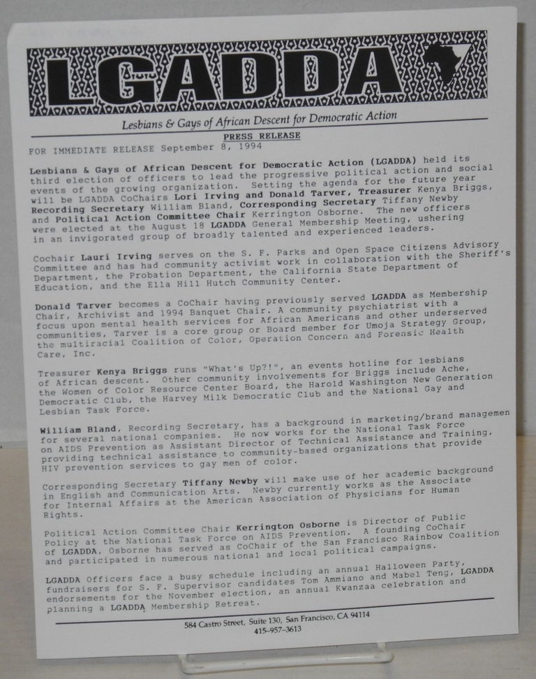 Cat.No: 201945 LGADDA Press release: for immediate release September 8, 1994. Lesbians, Gays of African Descent for Democratic Action.