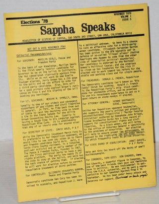 Cat.No: 201973 Sappha Speaks: newsletter of Sisters of Sappha vol. 1, #5, November 1978:...