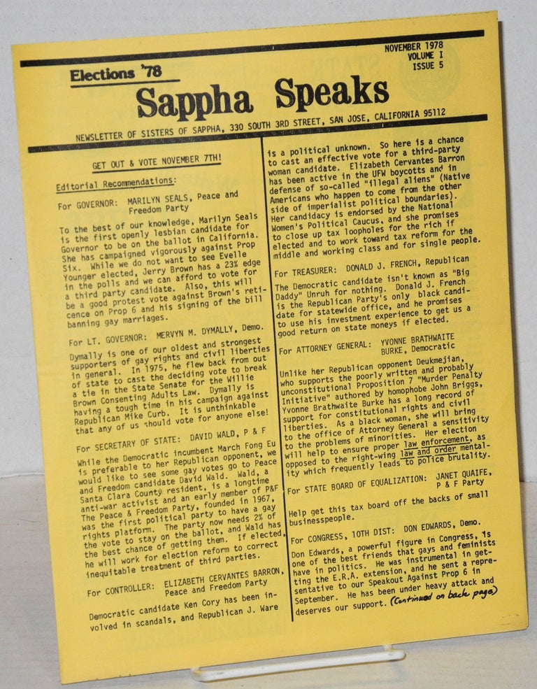 Cat.No: 201973 Sappha Speaks: newsletter of Sisters of Sappha vol. 1, #5, November 1978: Elections '78. Nikki Evans, Cyndy Herman.