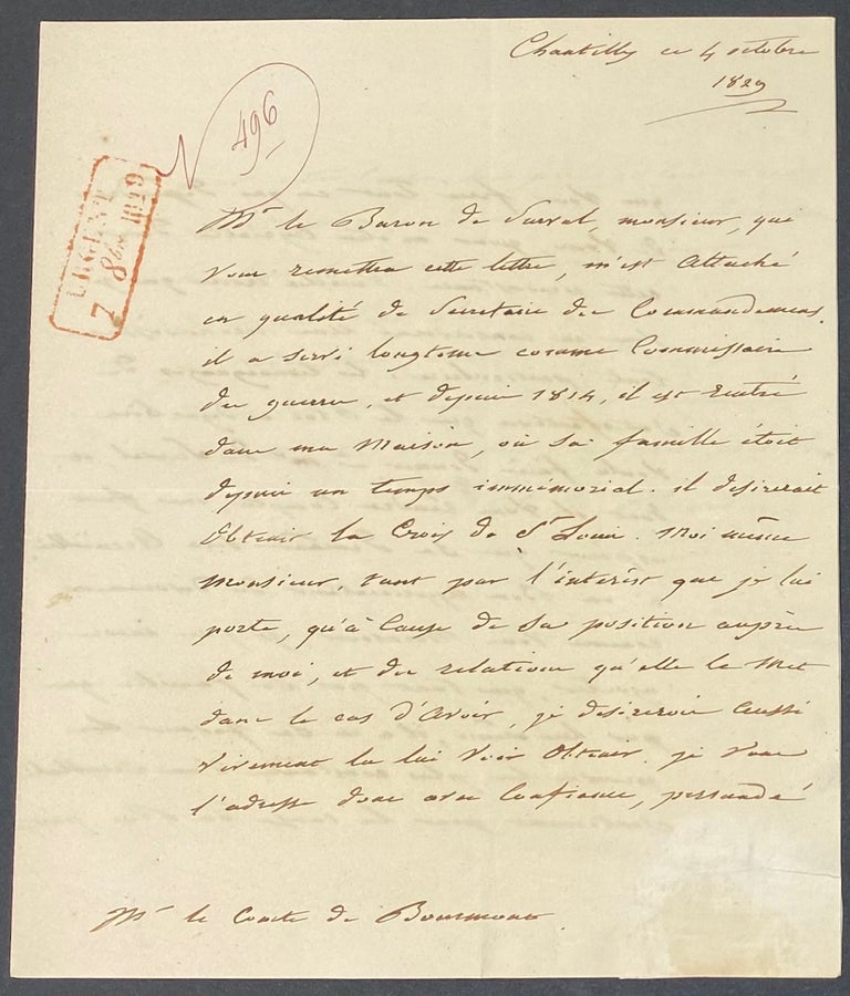Cat.No: 202247 [Letter penned to the Comte de Bourmont]. Louis Henri Joseph de Bourbon, Prince de Condé.