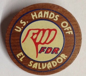 Cat.No: 202336 US hands off El Salvador [wooden pinback button]