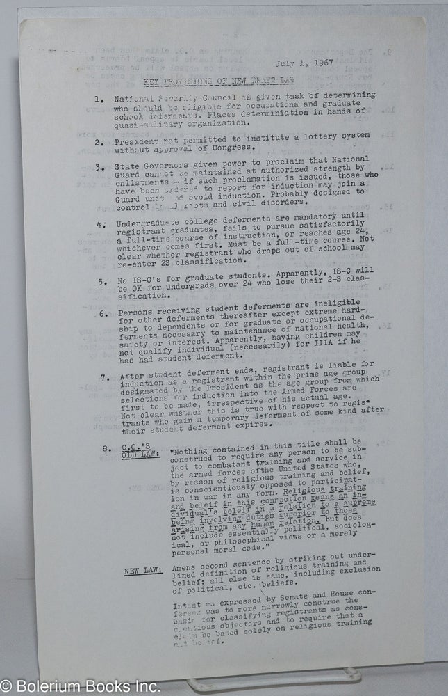 Cat.No: 202485 Key provisions of new draft law. July 1, 1967 [handbill]. Bob Bogel.