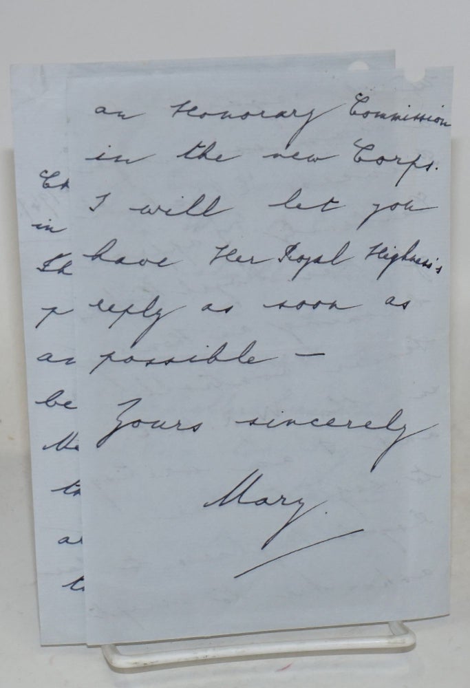 Cat.No: 203477 [Four-page letter written by Princess Mary on Harewood House stationery about an honorary commission for her niece, the future Queen Elizabeth]. Viscountess Lascelles Princess Mary.